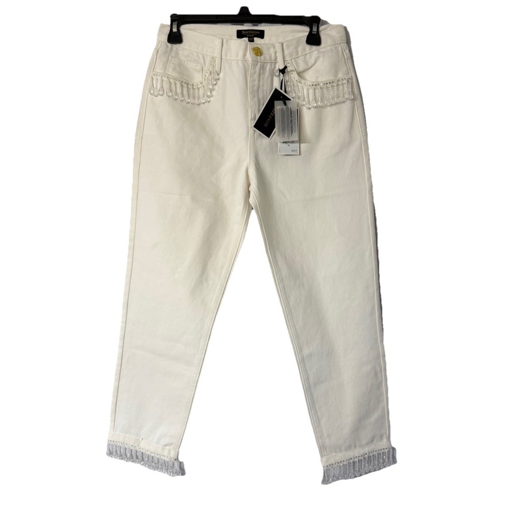 WT Juicy Couture Black Label Womens White Rigid Fringe Boyfriend Jeans Size 25